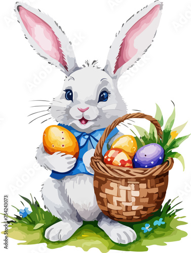 Easter bunny with wicker basket and easter eggs. Cartoon illustration. A vector in watercolor style