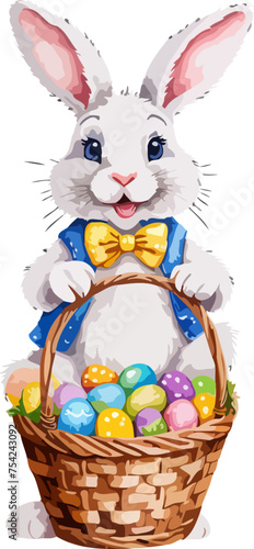 Easter bunny with wicker basket and easter eggs. Cartoon illustration. A vector in watercolor style
