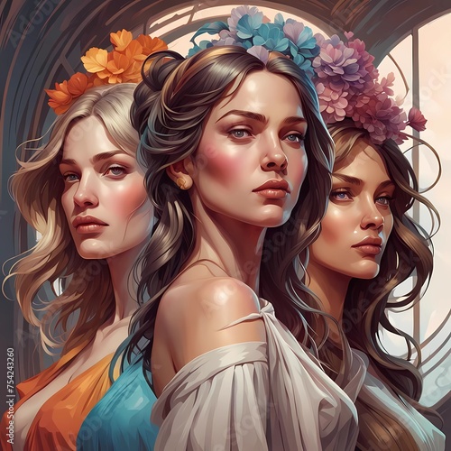 Portrait of medieval royal, magical queens with flower  crown ontheir  heads Feminine concept illustration, international women's day. Flat style vector design photo