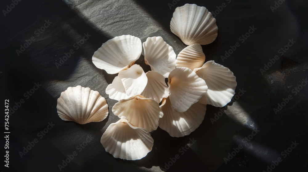 Aesthetic top view of white seashells on dark background. Sun rays, minimalist sea concept. Generative AI