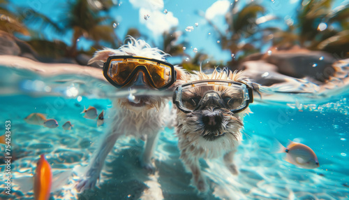 two dogs in glasses are diving on a sandy beach.