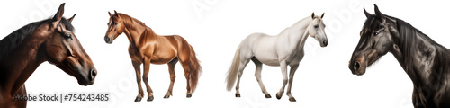 four horses isolated on transparent background cutout 