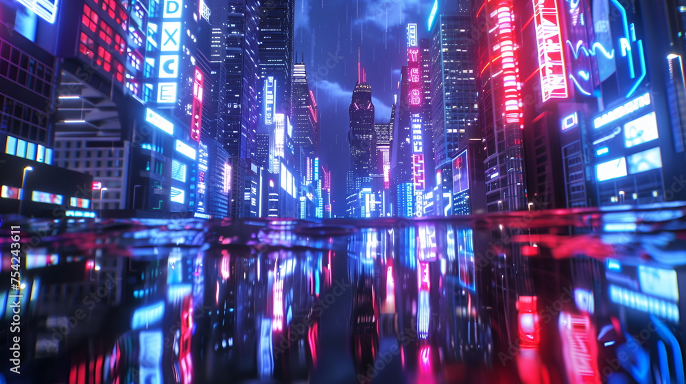 3d rendering of a futuristic city at night with neon lights.,Neon Elegance,Lightning strikes over the skyline of fantasy city. High quality 3d illustration