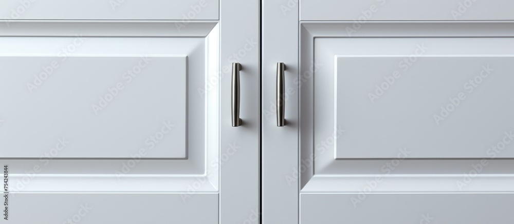 A detailed view of a white cabinet door with sleek handles, set against a gray background. The doors surface is clean and symmetrical, highlighting the minimalist design. A detailed view of a white cabinet door with sleek handles, set against a gray background. The doors surface is clean and symmetrical, highlighting the minimalist design.