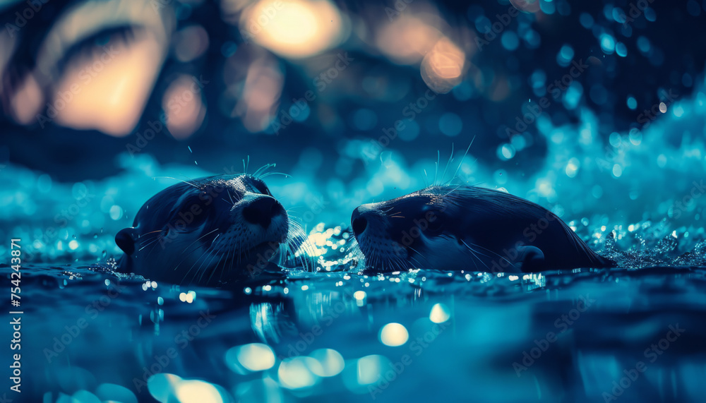 two otters swim in a clear river, wildlife in the animal world of beavers. - obrazy, fototapety, plakaty 