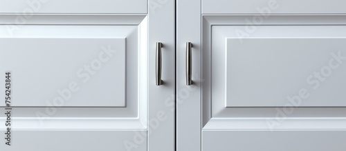 A detailed view of a white cabinet door with sleek handles, set against a gray background. The doors surface is clean and symmetrical, highlighting the minimalist design.