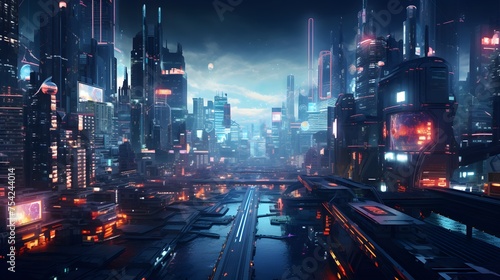 Neon street in cyberpunk city at night modern buildings in purple lights generative AI Urban landscape in future Concept of metaverse technology cyber and dystopia
