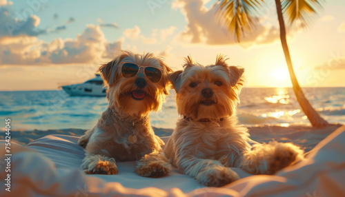 two dogs terrier with drinks relax on a wet beach on vacation.	 photo