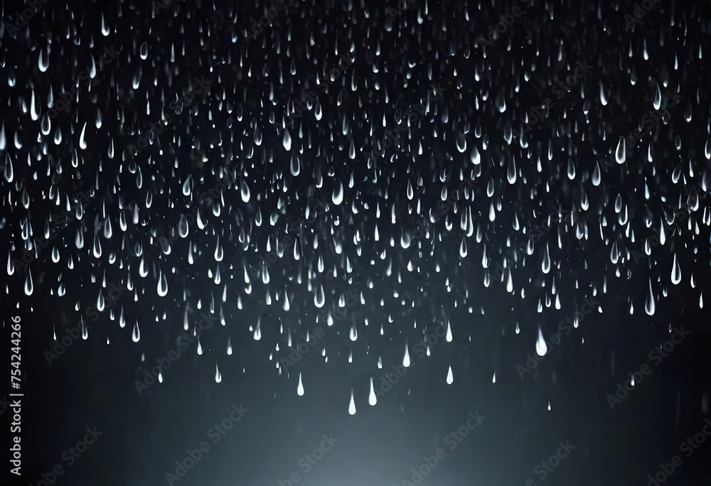 Falling raindrops footage animation in slow motion on dark black background with fog, lightened from top, rain animation with start and end, perfect for film, digital composition, projection  - obrazy, fototapety, plakaty 