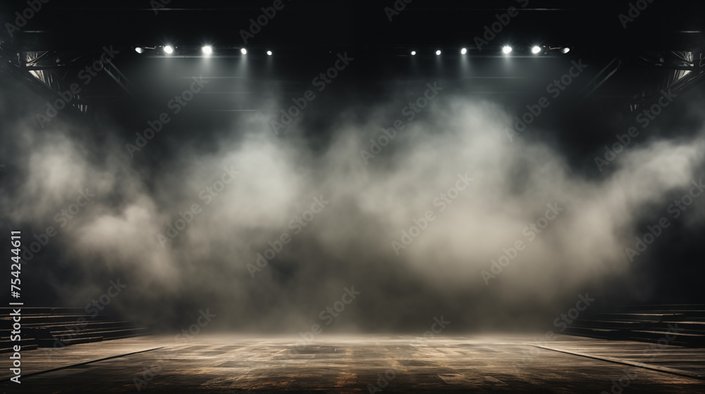 Dark background spotlight on empty studio room. Empty  studio room with smoke float up interior texture for display products  background.