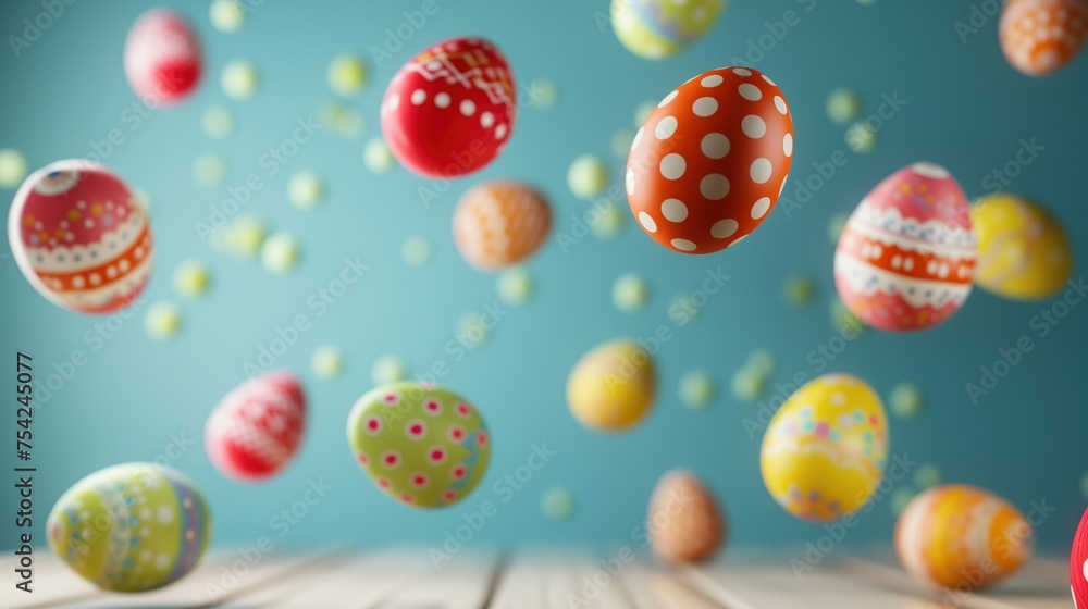 Vibrantly decorated Easter eggs appear suspended in mid-air against a cool blue backdrop, creating a playful and buoyant atmosphere in celebration of Easter.