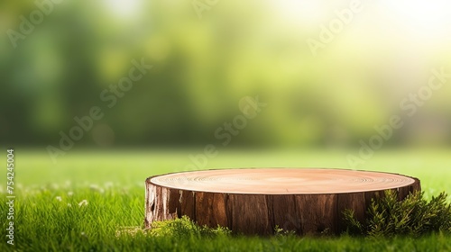 Beautiful round wooden podium, pedestal for an object on a background of lush green grass. Sunlight,