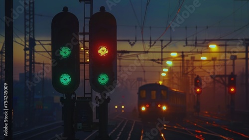 Railway signals glowing at dusk as a train approaches, symbolizing travel and direction photo