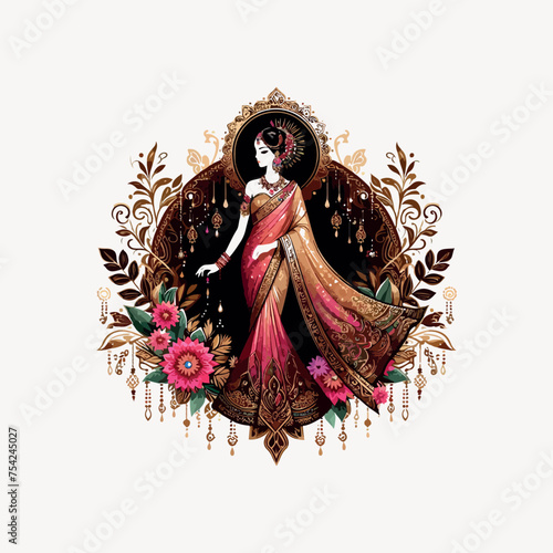 Fashion saree logo design with women figure template or clothing logo design illustration, Generative Ai.