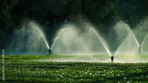 automatic sprinklers in action, efficiently watering lush green grass