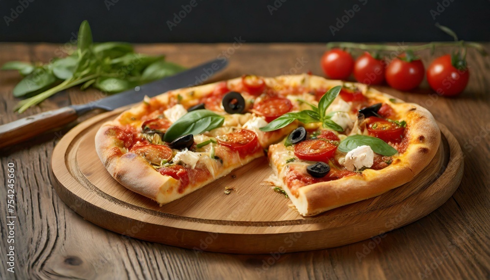 A stylish wooden cutting board with a perfectly cut pizza slice. A stylish wooden cutting board with a perfectly cut pizza slice.