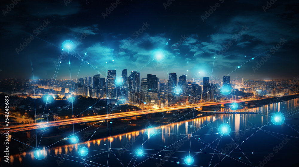 Cityscape with connecting dot technology of smart city