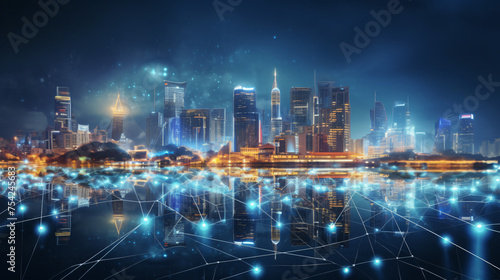 Cityscape with connecting dot technology of smart city