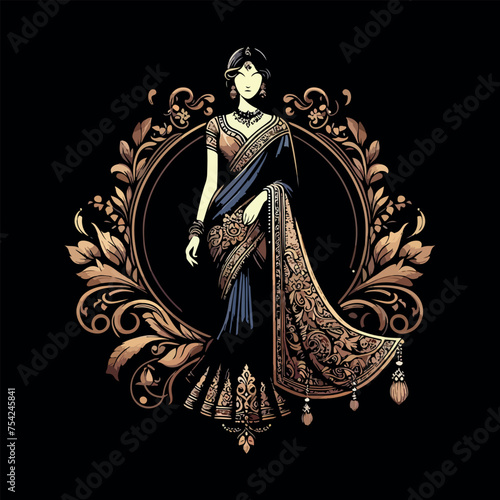 Fashion saree logo design with women figure template or clothing logo design illustration, Generative Ai.