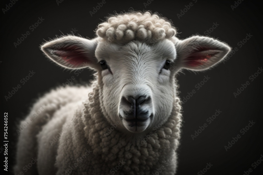 White lamb isolated on black. Close-up of a young sheep looking at camera with copy space on black background. White lamb isolated on black. Close-up of a young sheep looking at camera with copy space on black background.