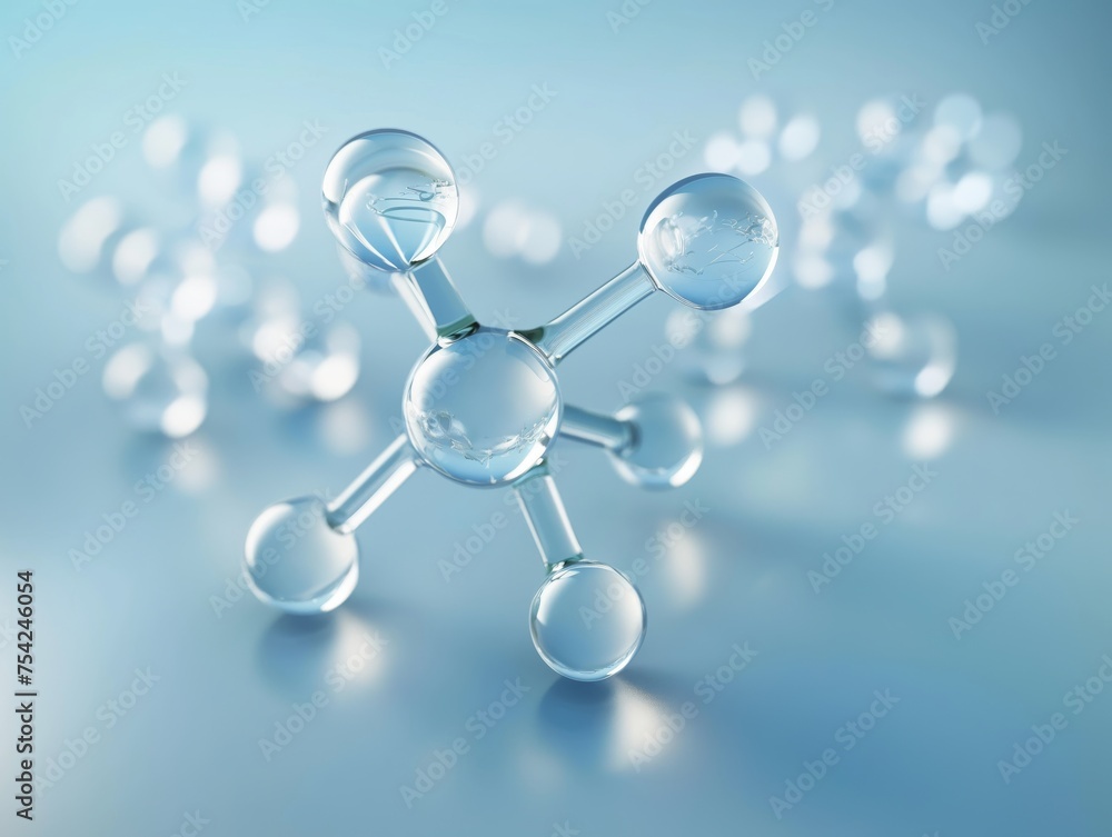 A conceptual image of a molecule structure with water droplets encapsulated within.