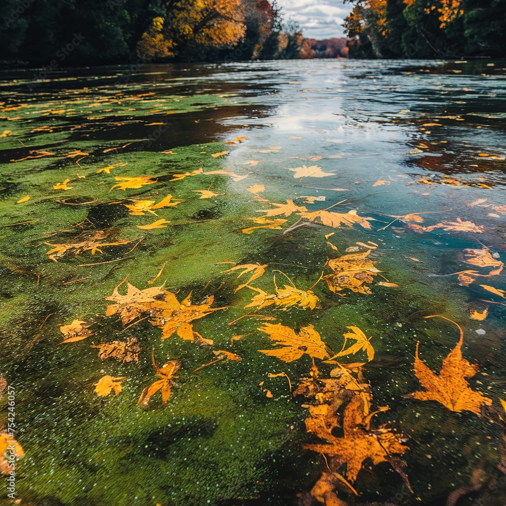 Autumn river surface texture with algae and fallen leaves.