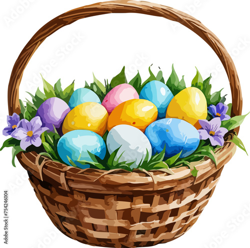 Easter witted basket with easter eggs. Colorful vector in watercolor style.