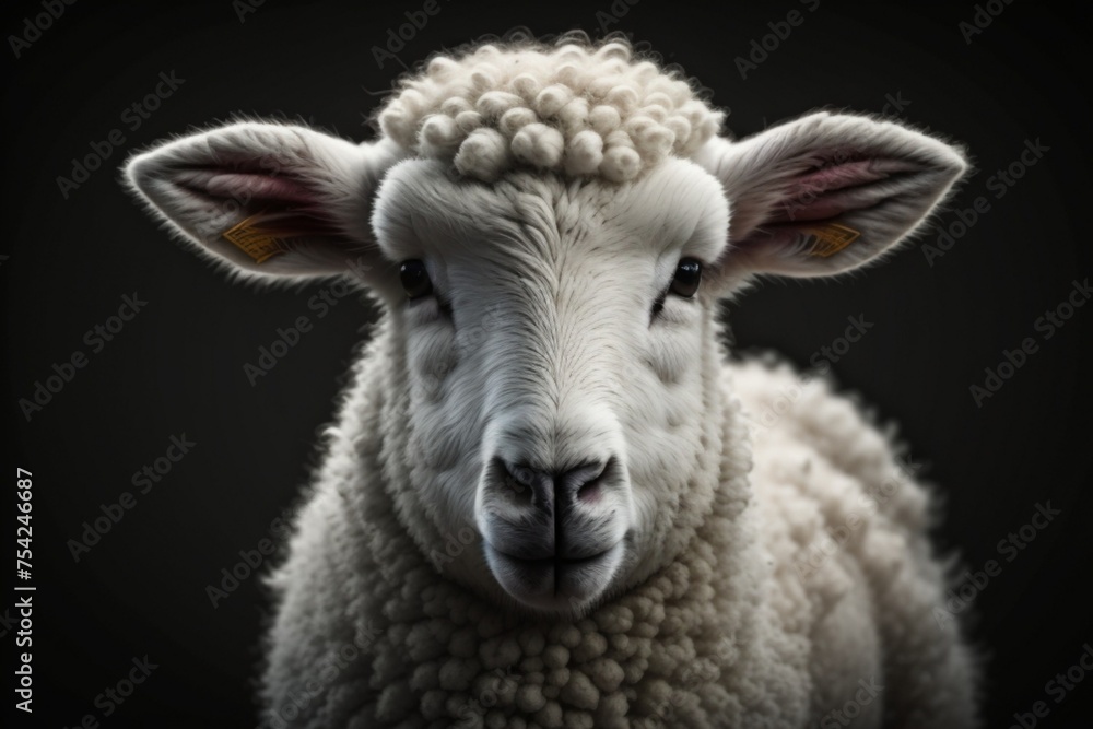 White lamb isolated on black. Close-up of a young sheep looking at camera with copy space on black background. White lamb isolated on black. Close-up of a young sheep looking at camera with copy space on black background.