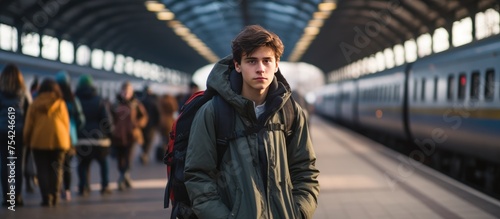 A teenage boy, a student, stands in front of a train on a platform at a railway station. He is waiting to board the train, carrying a backpack and books, ready to continue his education journey.