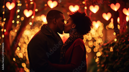 American African couple kissing on background of bokeh of hearts. Romantic night. Love engagement concept. Generative AI