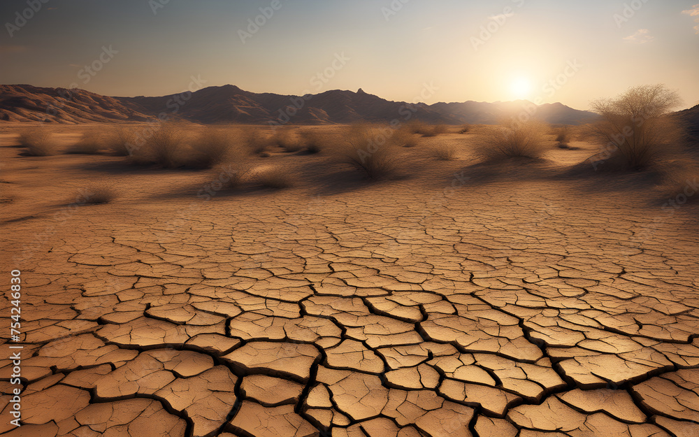 Barren land under scorching sunlight, cracked and parched, depicting extreme heat