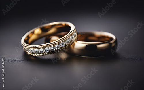Beautiful wedding rings for the bride and groom on a dark background with highlights, macro photo