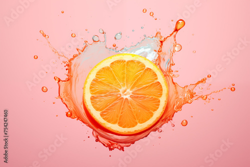Vivid orange slice with a dynamic splash on a pink background