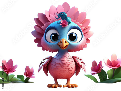 Cute 3d baby Peacock isolated on a transparent background
