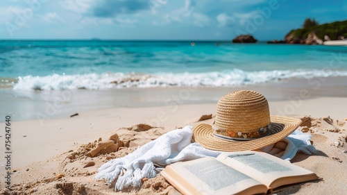 Beach Vacation Scene with an Umbrella, Towel, Hat, and Book on Pristine Sands