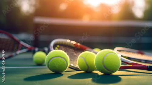 Close up of tennis rackets and tennis balls lying © Anaya