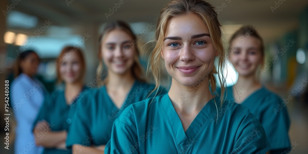 A cheerful and smiling medical professional team in a hospital setting, providing healthcare with confidence and teamwork.