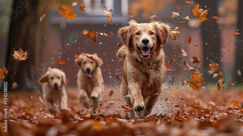 Running playfully among falling autumn leaves, joyful Golden Retrievers epitomize the happiness and energy of both pets and the vibrant season of fall.