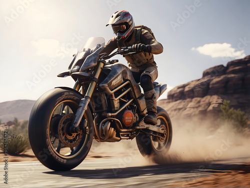 A motorcyclist in full gear expertly maneuvers a high-speed motorcycle across a desert landscape photo