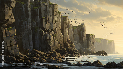 Coastal Cliffs Seabirds Nesting Amidst Rocky Ledges ..