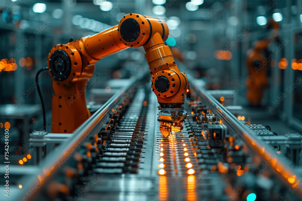 In a modern industrial plant, robotic weapons and advanced equipment work in harmony, exemplifying the future of automated manufacturing. In a modern industrial plant, robotic weapons and advanced equipment work in harmony, exemplifying the future of automated manufacturing.