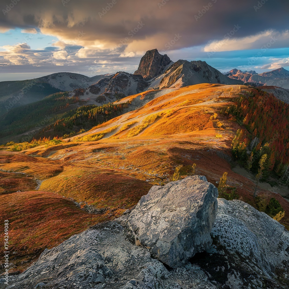 Dramatic golden light and shadow on the rock in autumn steppe. High-altitude plateau