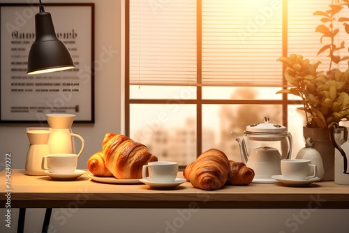 Cappuccino coffee wooden morning espresso dessert croissant cafe tasty white food fresh breakfast drink hot table cup french sweet snack delicious bakery
 photo