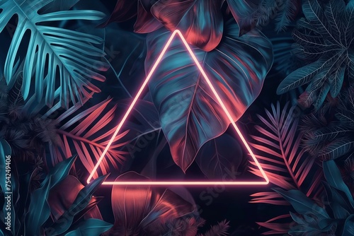 neon triangle amidst moody tropical jungle, infused with vaporpunk, trillwave, and tinycore aesthetics, surrounded by exotic flora leaves, scifi futuristic design, album cover design.




 photo