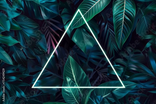 neon triangle amidst moody tropical jungle, infused with vaporpunk, trillwave, and tinycore aesthetics, surrounded by exotic flora leaves, scifi futuristic design, album cover design.




 photo