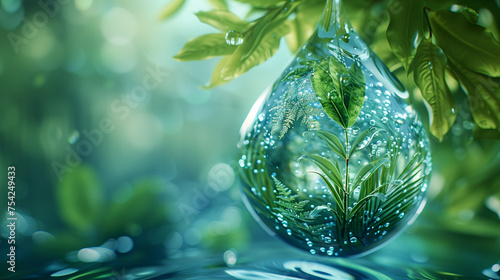 Large water drop glistening surrounded by greenery in focus against a blurred background of nature, environmental illustration photo