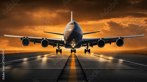 Commercial airline jumbo jet on runway taking off