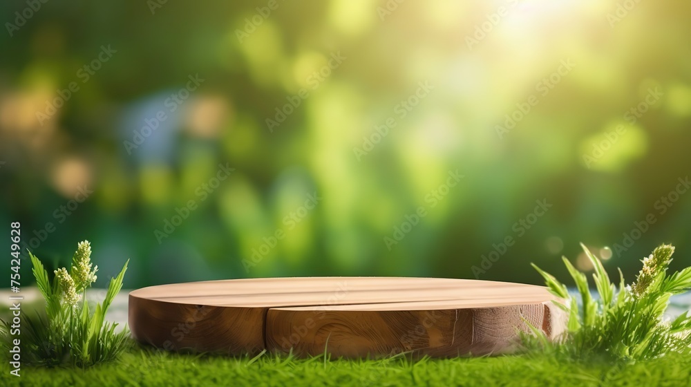 Beautiful round wooden podium, pedestal for an object on a background of lush green grass. Sunlight, Beautiful round wooden podium, pedestal for an object on a background of lush green grass. Sunlight,