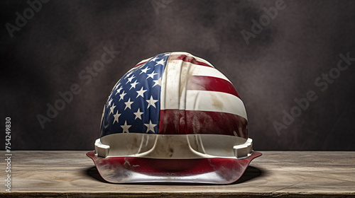 Construction helmet with American flag .