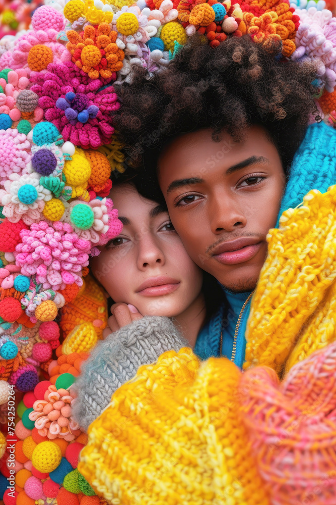Creative vertical portrait of happy multiracial couple wearing colorful woolen sweater and surrounded by multicolored crochet flowers. Unity cultures and diversity concept. Generative Ai Creative vertical portrait of happy multiracial couple wearing colorful woolen sweater and surrounded by multicolored crochet flowers. Unity cultures and diversity concept. Generative Ai
